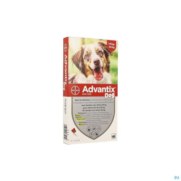 Advantix 250/1250 Chiens 10(25kg Fl 4x2,5ml